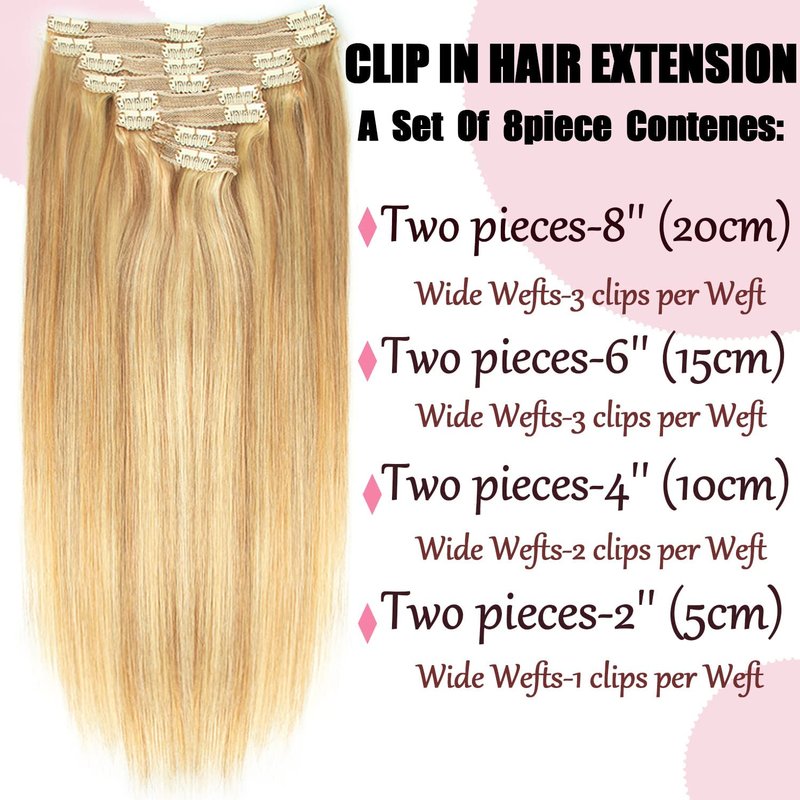 Human Hair Clip-In Extensions - Dark Blonde Highlights, Silky Straight | 14 Inch, 120g, 8pcs Natural Remy Hair