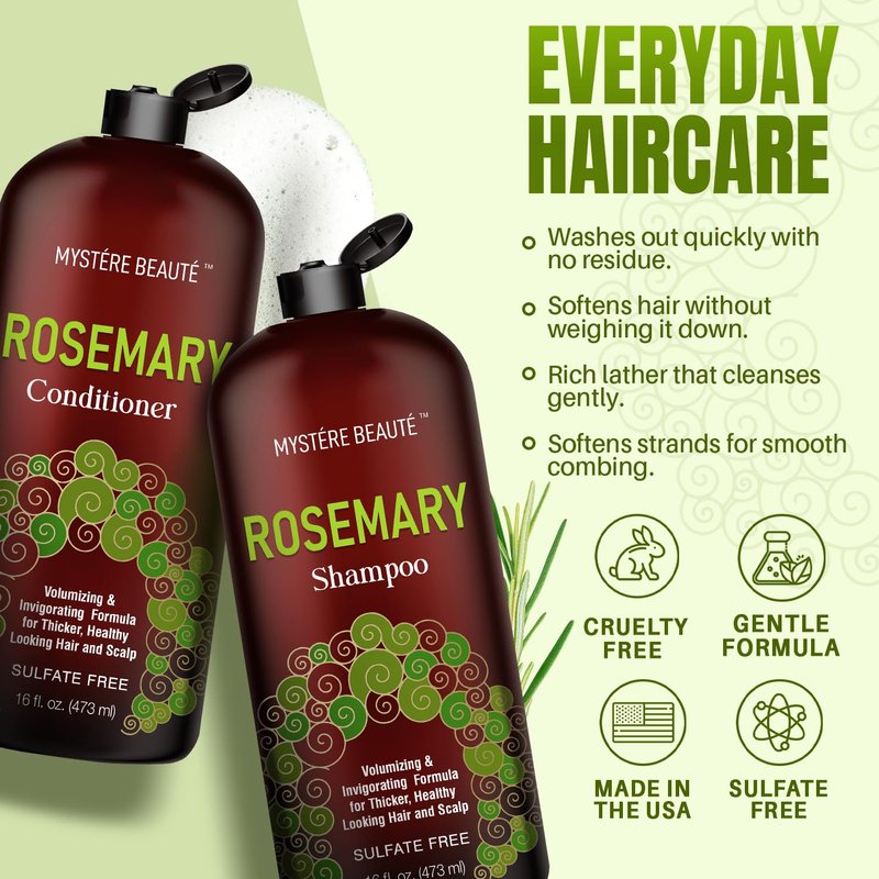 MYSTÉRE BEAUTÉ Rosemary Shampoo and Conditioner Set for Hair Growth - 16 oz Each - Sulfate Free with Biotin, Keratin & Argan Oil - Strengthens, Thickens & Reduces Thinning for Men and Women