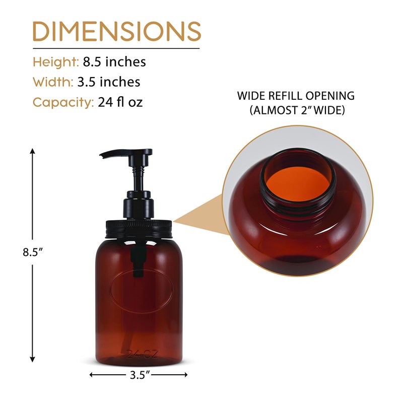 Bottiful Home-24 oz Plastic Refillable Wide-Mouth Jar Style Pump Bottle Dispenser Set of 4 for Thick Liquids (Amber)