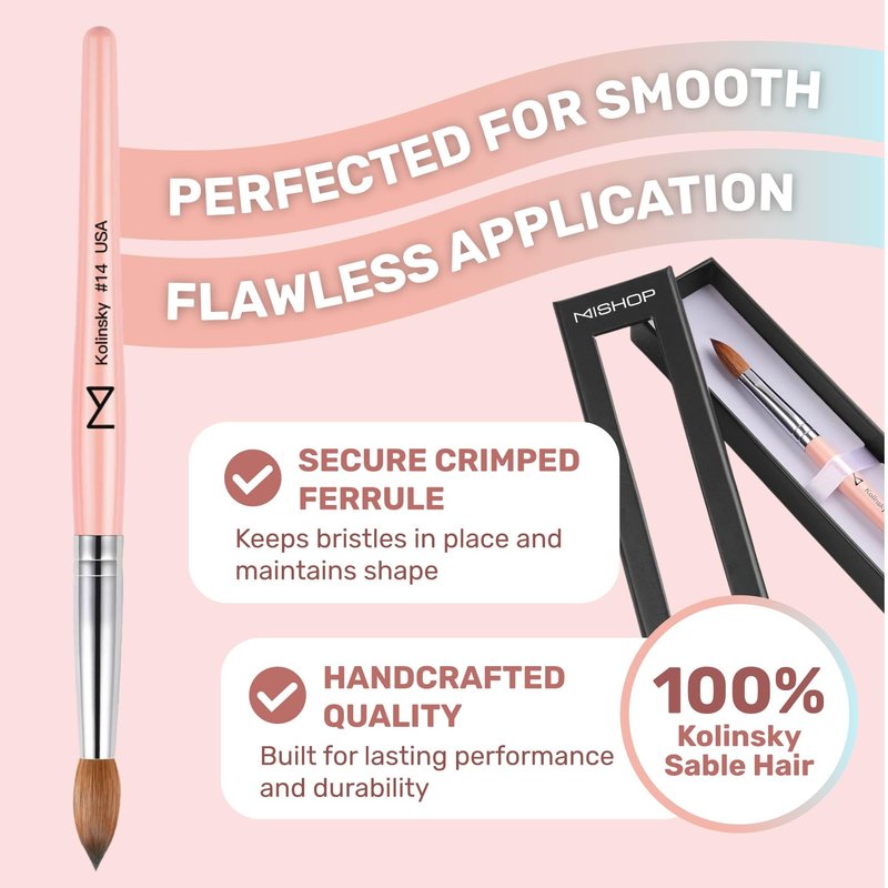 M – Majesti Pink 100% Kolinsky Acrylic Nail Brush | Professional Acrylic Sculpting & Application Brush | Handcrafted Premium Nail Art Tool for Nail Technicians (#14)