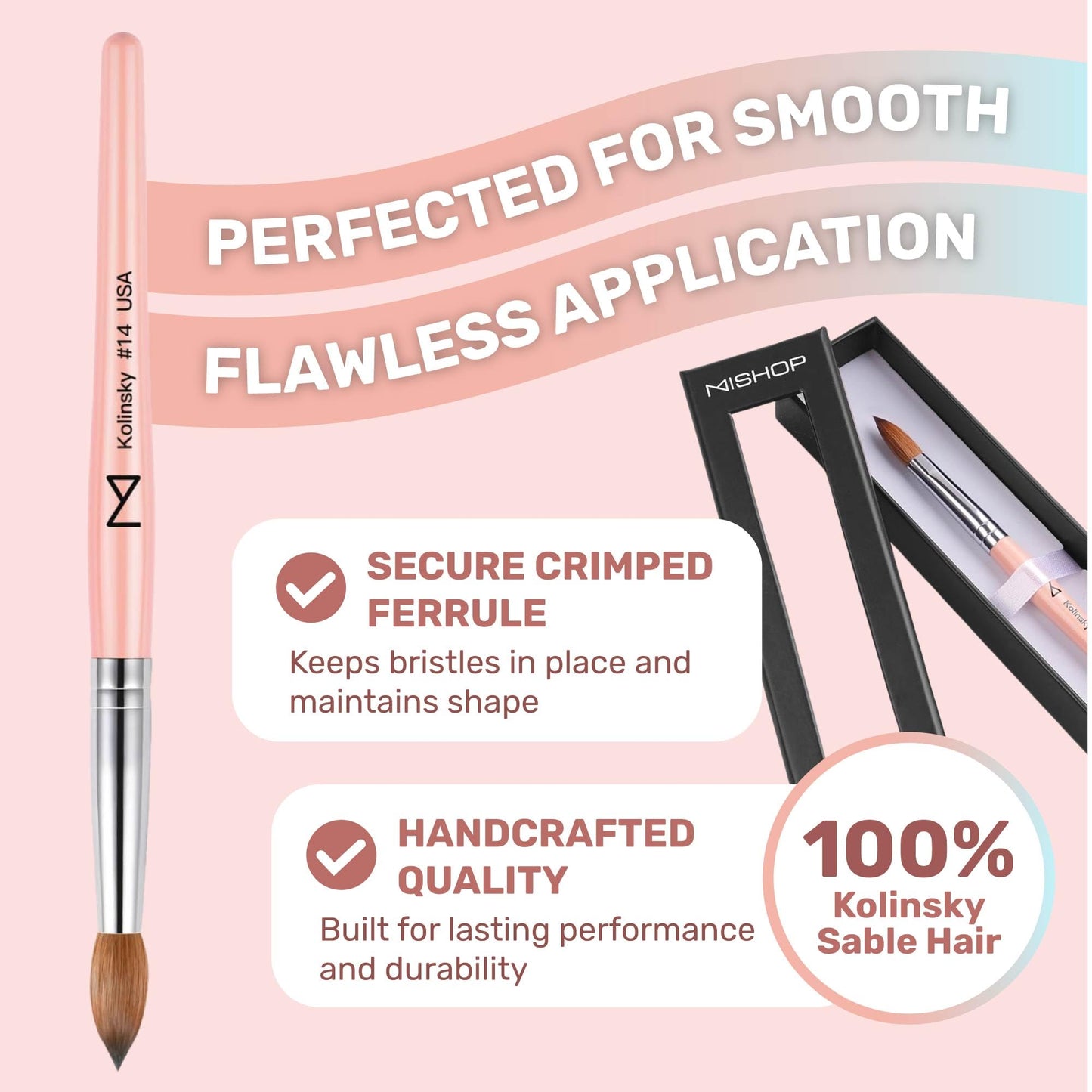 M – Majesti Pink 100% Kolinsky Acrylic Nail Brush | Professional Acrylic Sculpting & Application Brush | Handcrafted Premium Nail Art Tool for Nail Technicians (#14)