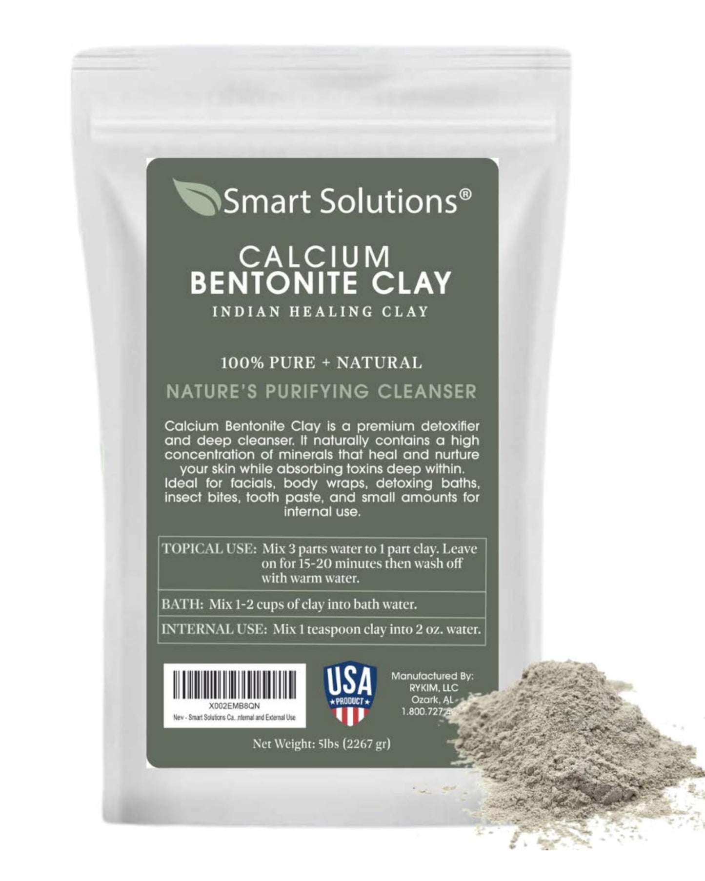 SMART SOLUTIONS Calcium Bentonite Clay, 5 lb Pure Indian Healing Clay - All Natural for External Use | DIY Facial Treatments, Deodorants, Hair Masks