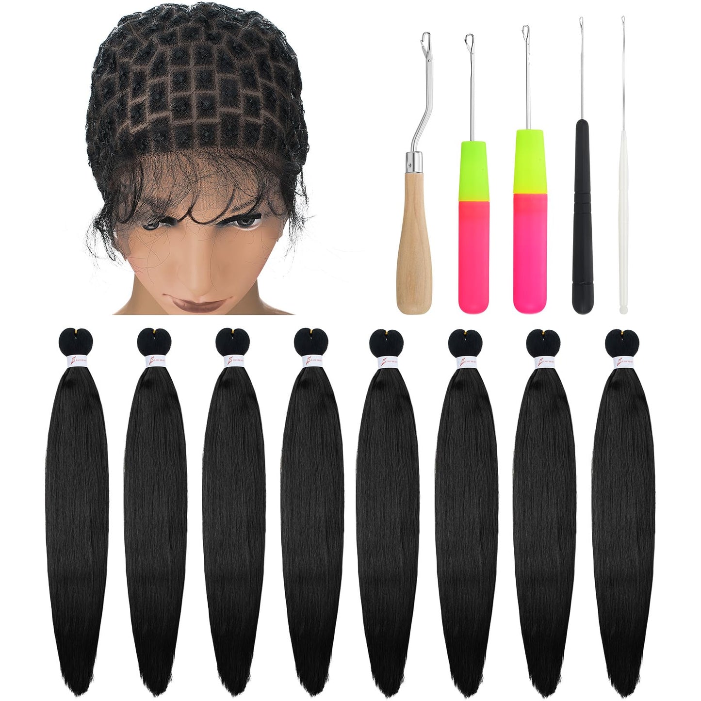 Suncalla 14 Pcs Braided Wig Cap Set Includes Crochet Wig Cap with Baby Hair 26 Inch Black Braiding Hair Pre Stretched Crochet Hooks, Glueless for Black Women Making Synthetic Braids Cornrow Extensions