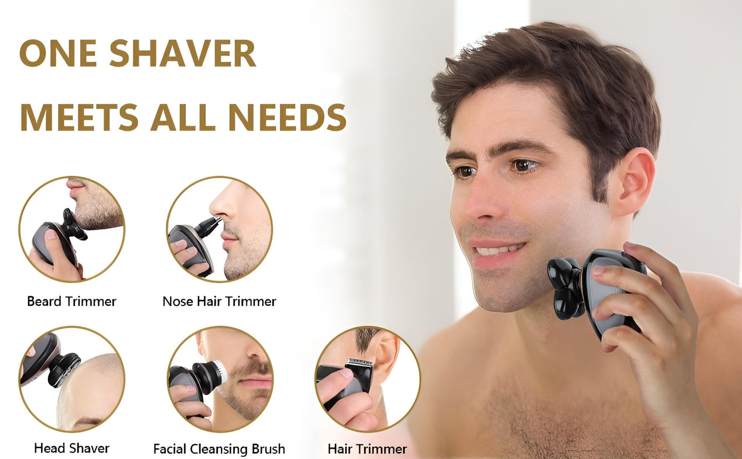 Five in one Razor USB Charging Cable, Instruction Manual, Cleaning Brush, Silicone Head, Barber Head, face wash Head, Nose Hair Device, Shaver 5 Knife Head, Limit Comb