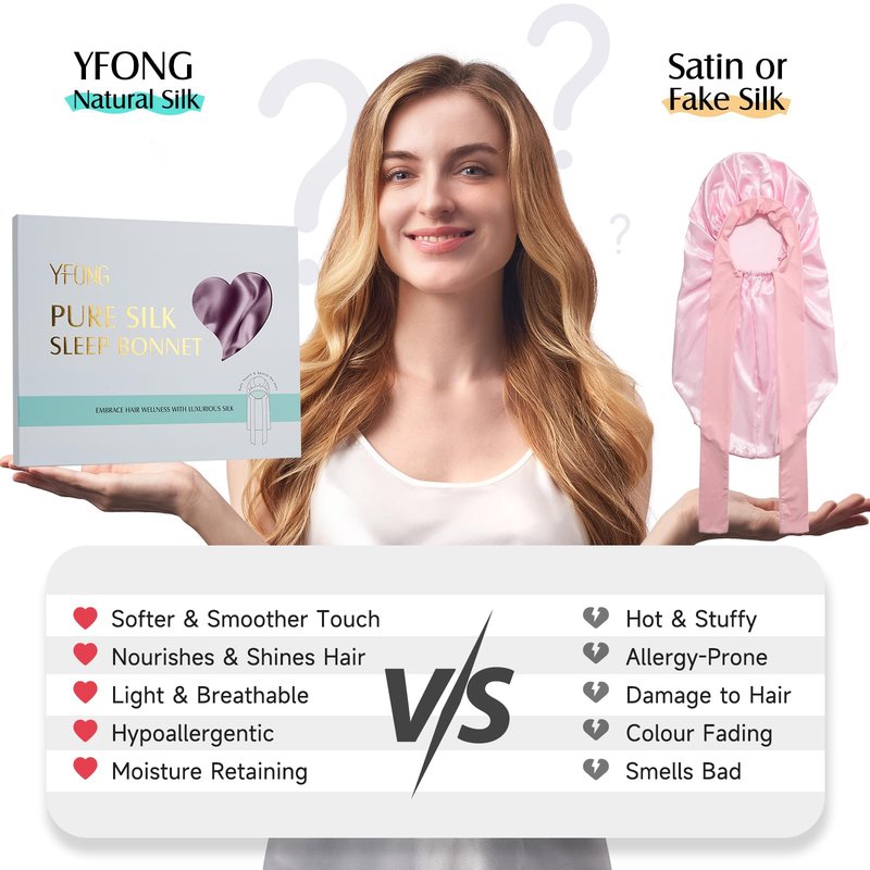 YFONG Double-Layered 100% Pure Mulberry Silk Bonnet for Long Hair, 22 Momme Sleep Bonnet for Sleeping with Elastic Tie Band, Real Silk Sleep Cap for Women Long Curly Hair, Purple