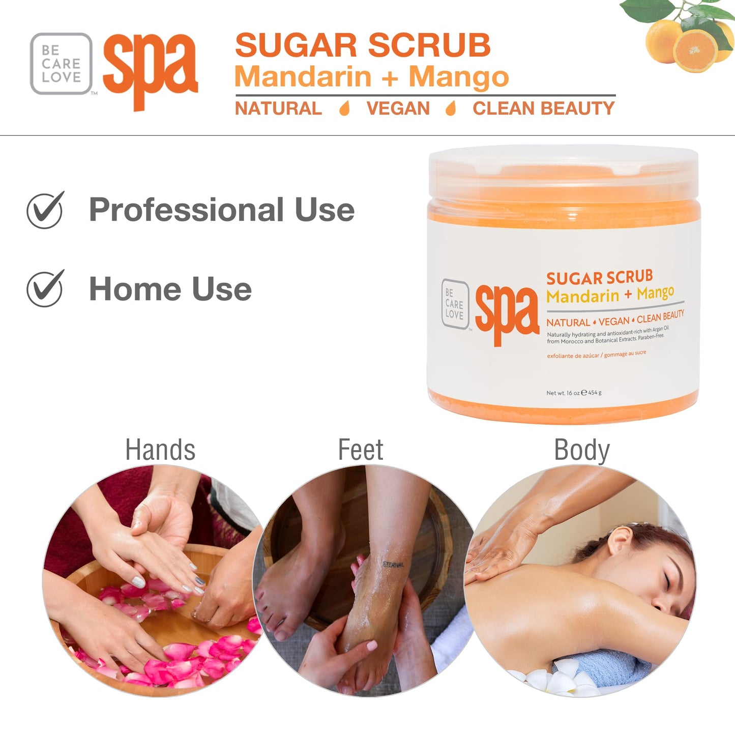 BCL Spa Sugar Scrub, Mandarin Mango For Hands, Feet and Body, 16 oz