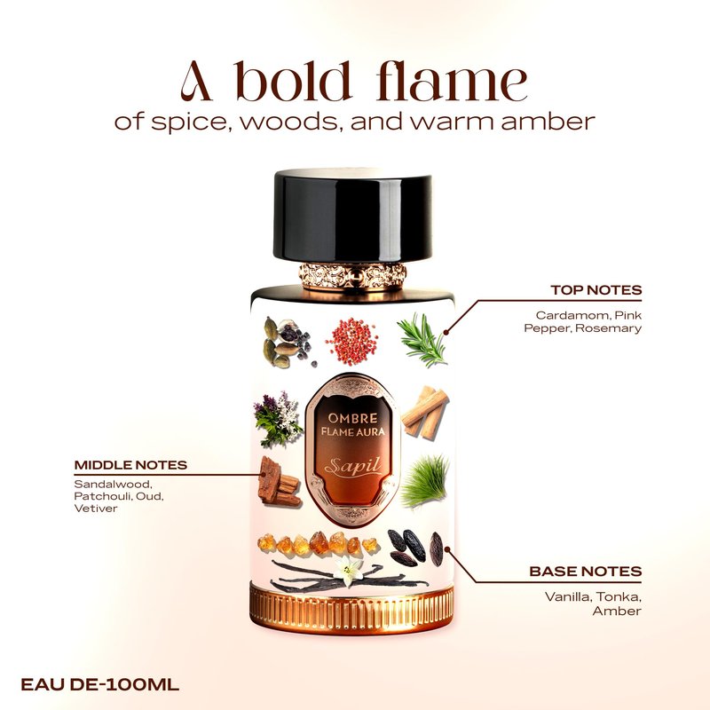 Sapil Ombre Flame Aura Eau de Parfum – Long Lasting Unisex Spicy Woody Perfume | Cardamom, Oud & Amber Notes | Warm Smoky Signature Fragrance | 3.4 oz / 100ml