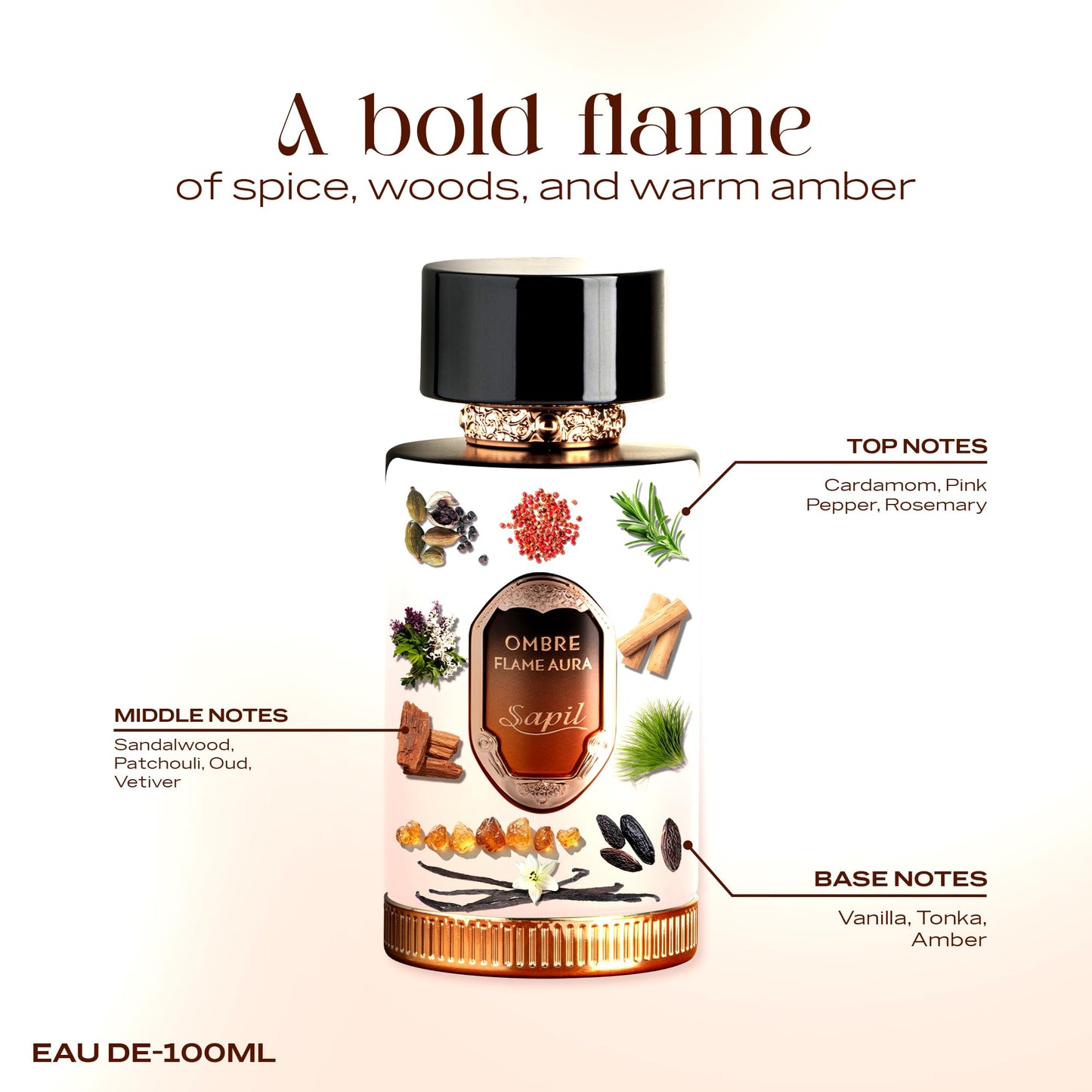 Sapil Ombre Flame Aura Eau de Parfum – Long Lasting Unisex Spicy Woody Perfume | Cardamom, Oud & Amber Notes | Warm Smoky Signature Fragrance | 3.4 oz / 100ml