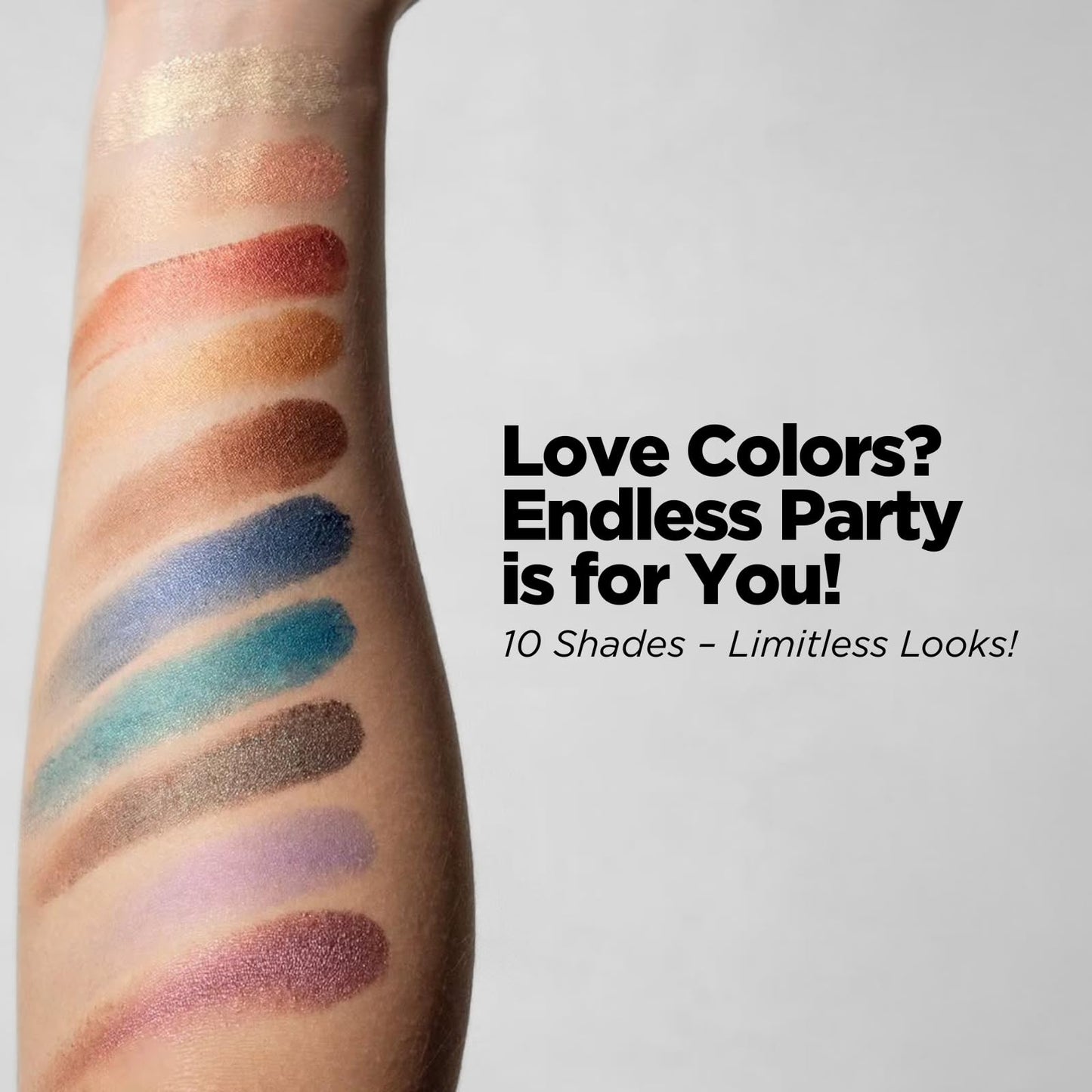 Klasme Endless Party Eyeshadow Palette | 10 Highly Pigmented Shimmer Shades | Vibrant Colors for Bold Looks | Includes Dual-Ended Brush & Primer