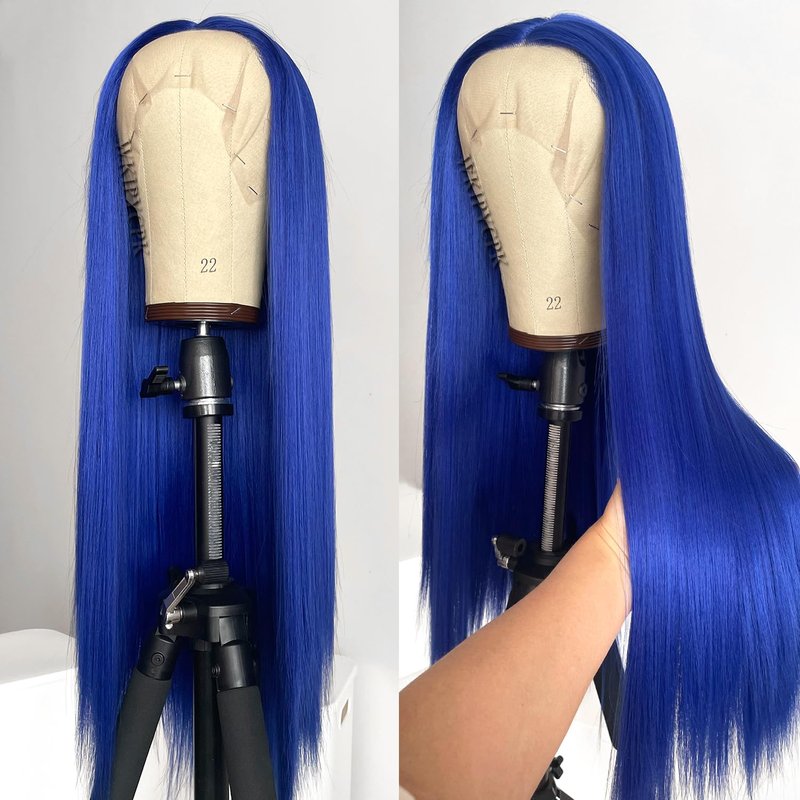 WKIPYCPK Blue Synthetic Lace Front Wig, Long Straight Dark Blue Lace Front Wig Pre Plucked Natural Hairline, Heat Resistant Fiber Hair Navy Blue Lace Front Synthetic Wigs for Fashion Woman