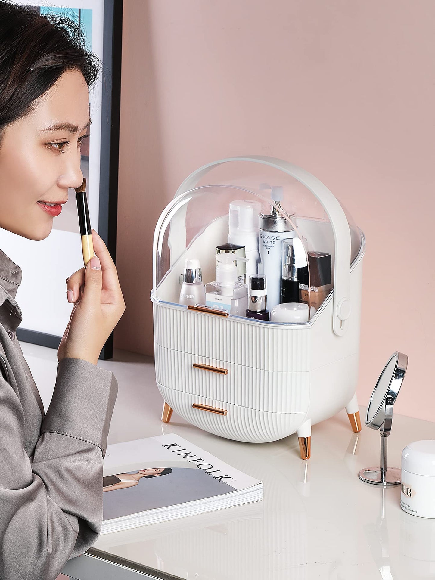Makeup Storage Organizer for countertop，Cosmetics Display Case with 2-Layer Storage Box and Transparent Cover, Keep Bedroom Vanity Organizer Clea, Milky white