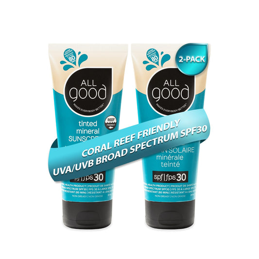 All Good Sunscreen - Tinted Mineral Sunscreen for Face & Body - SPF 30, Water Resistant, Coral Reef Friendly, Coconut Oil, Jojoba Oil, Shea Butter, Aloe 3 oz (2-Pack)