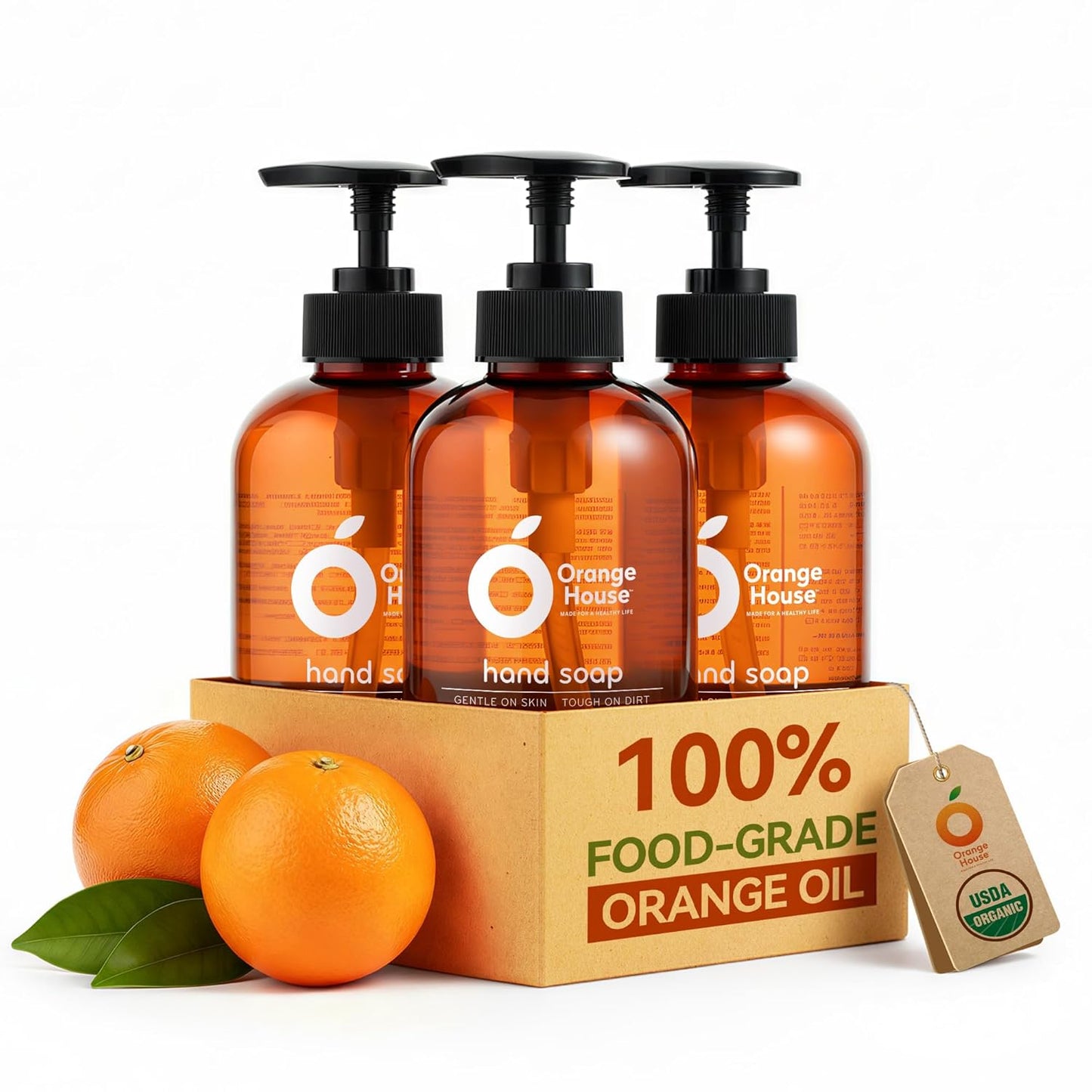 Natural Liquid Hand Soap - Food-Grade Orange Oil, Moisturizing & Hypoallergenic | 12 Fl Oz (3 Pack)