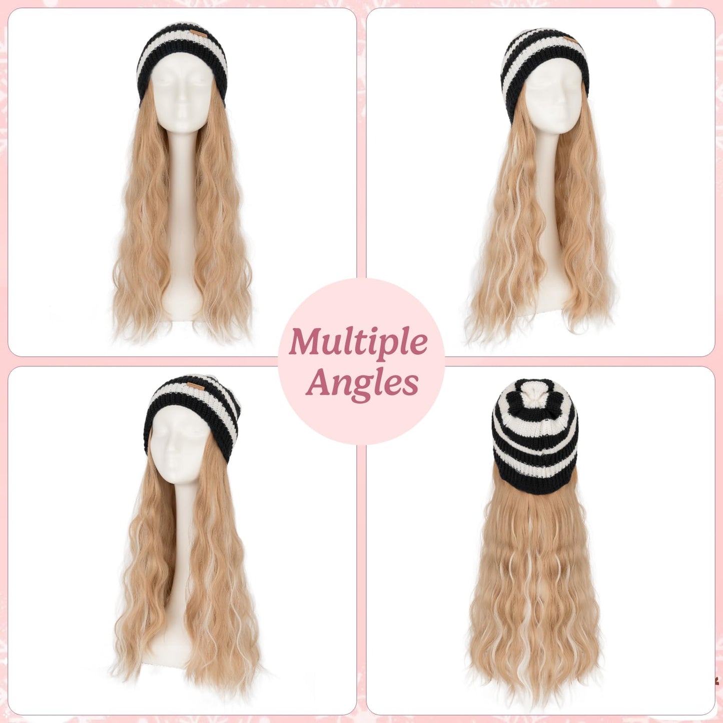 SEGOHAIR Beanie Wig with Hair, 18 Inch Synthetic Hair Extensions in Wavy Styles, Knitted Winter Hat in Black/White Stripes with Attached Hairpiece for Women, #18P613 Ash Blonde Mix Bleach Blonde