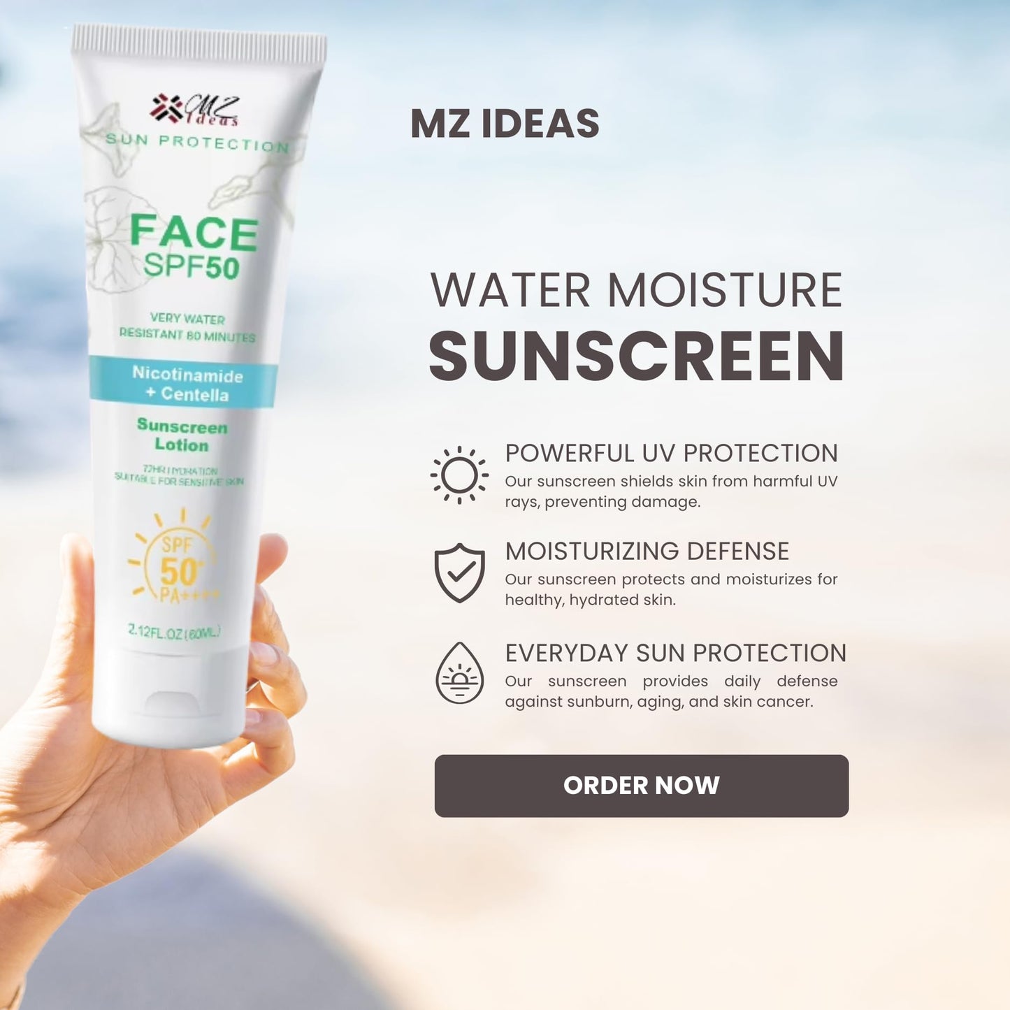 MZ Ideas Face Sunscreen SPF 50 PA+++,Very Water Resistant 80 Minutes, with Niacinamide, Centella, 72H Hydration for sensative skin, 2.12 fl oz