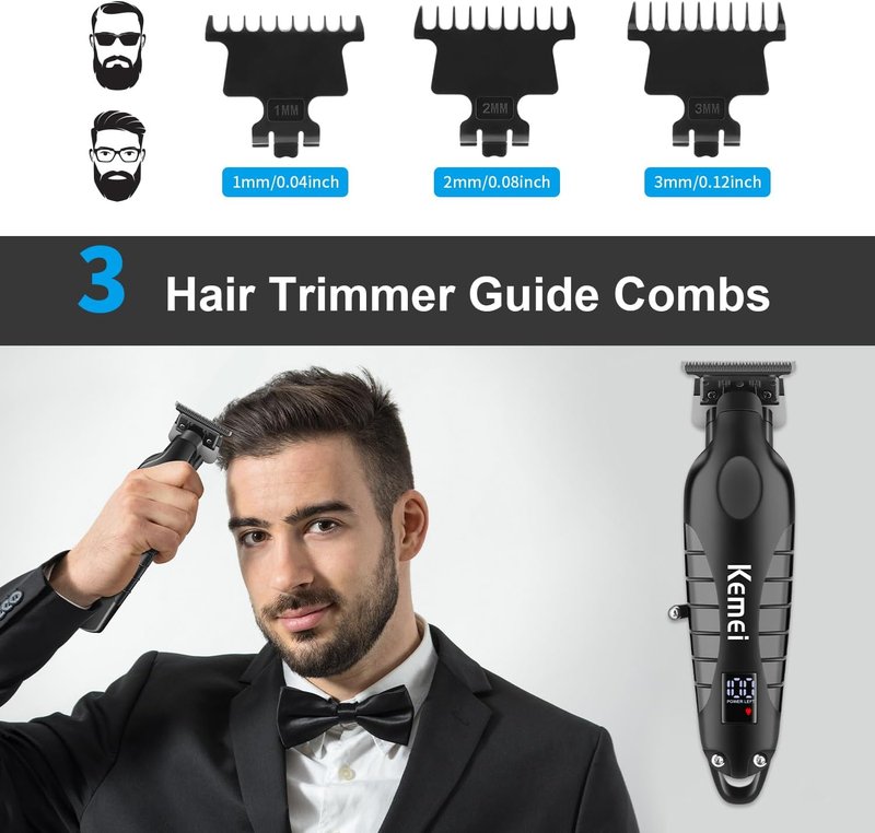 KEMEI Professional Cordless Hair Clipper - Electric Beard Trimmer with LCD Display | Zero Gapped T Blade, Black
