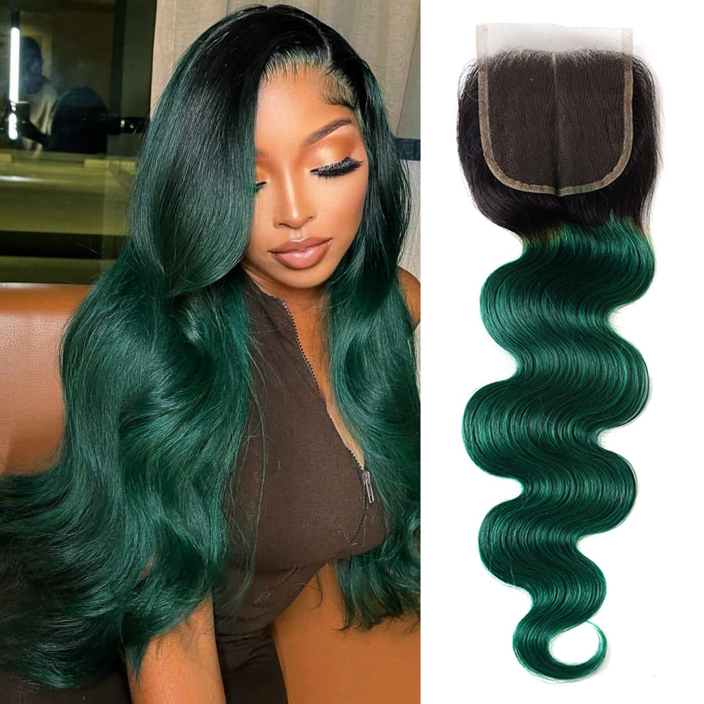 SEXAY Green Lace Closure Body Wave Brazilian Virgin Human Hair Extensions Ombre Free Part Closure Pre Plucked With Baby Hair For Black Women 1B/Green Color(14 inch)