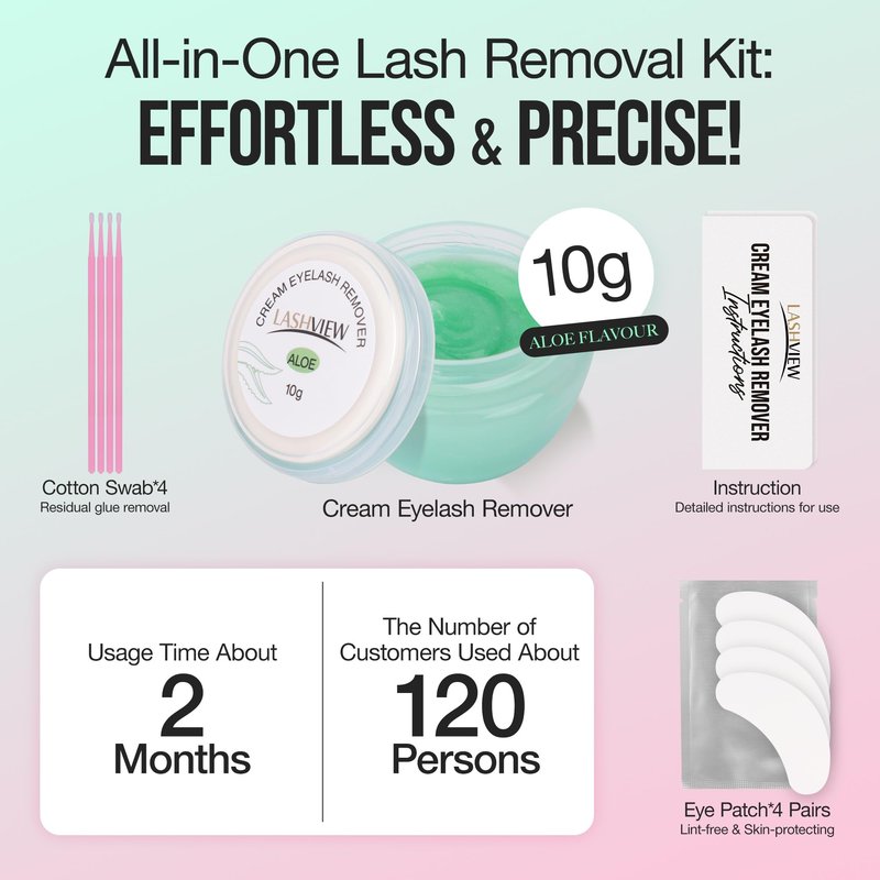 LASHVIEW Lash Glue Remover Cream Gentle Aloe Low Irritation Eyelash Remover Kit for Lash Extensions with Eye Patches & Cotton Swabs(10g)