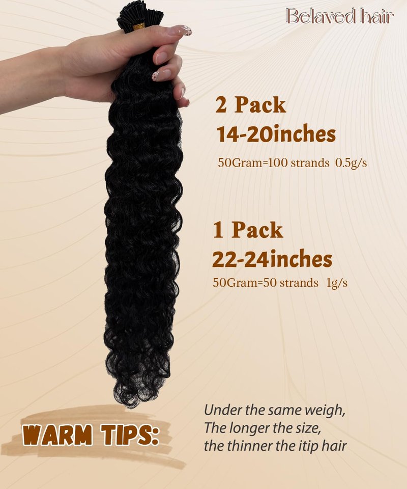 Water Wave I Tip Hair Extensions Human Hair Cold Fusion Itip Flawless Microlinks Curly Hair Extensions Invisible Blends Naturally Individual Strands for Black Women 50G 18Inch Black