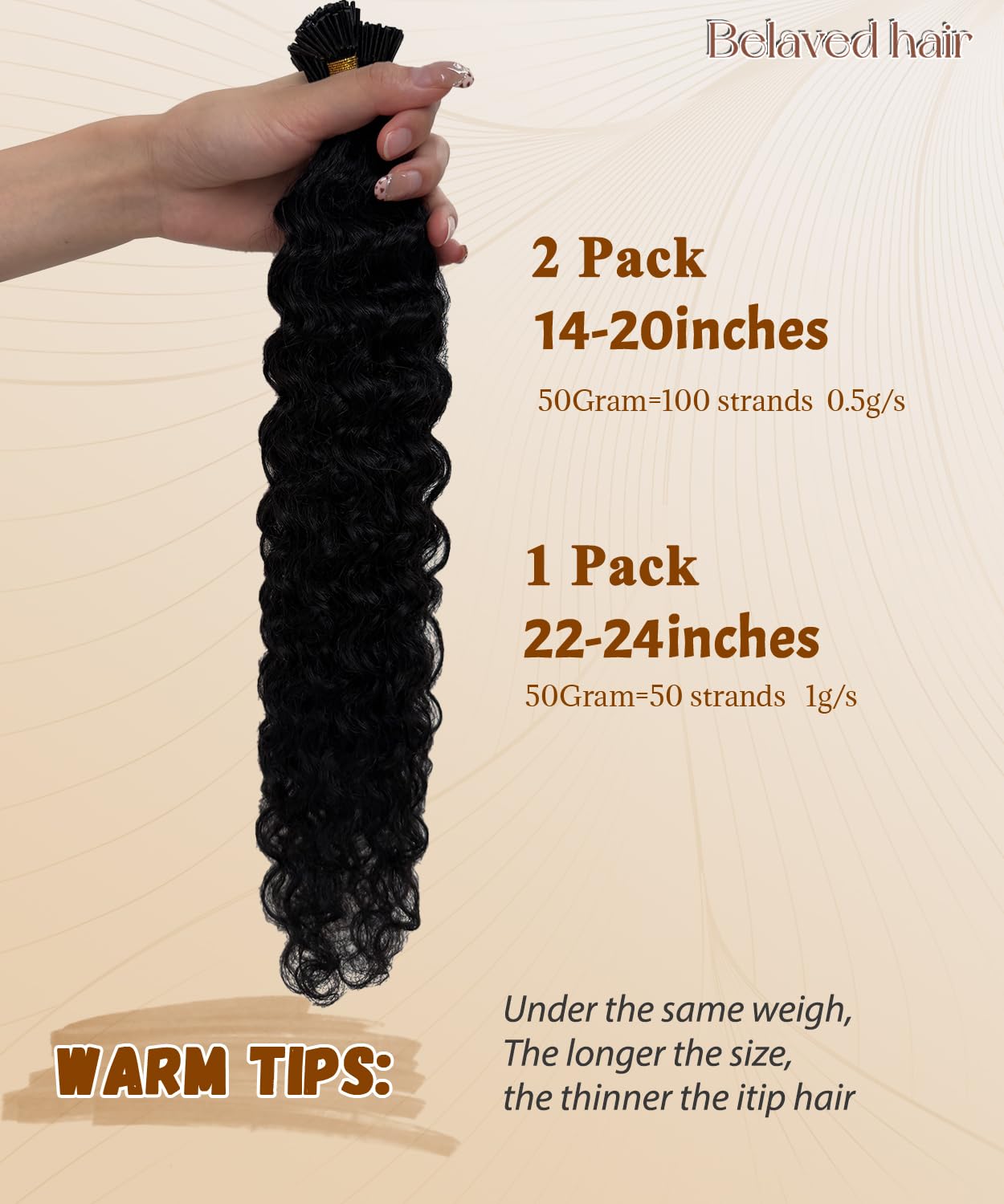 Water Wave I Tip Hair Extensions Human Hair 100S Cold Fusion Itip Flawless Microlinks Curly Hair Extensions Invisible Blends Naturally Individual Strands for Black Women 50G 18Inch Black