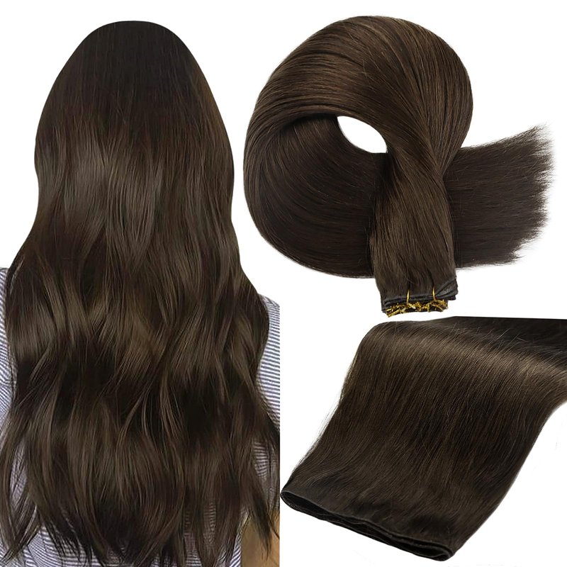 Full Shine Hand Tied Weft Hair Extensions for Fashion Women Sew in Human Hair Straight Remy Weft Extensions Remy Human Hair Full Head Dark Brown 50 Gram 18 Inch