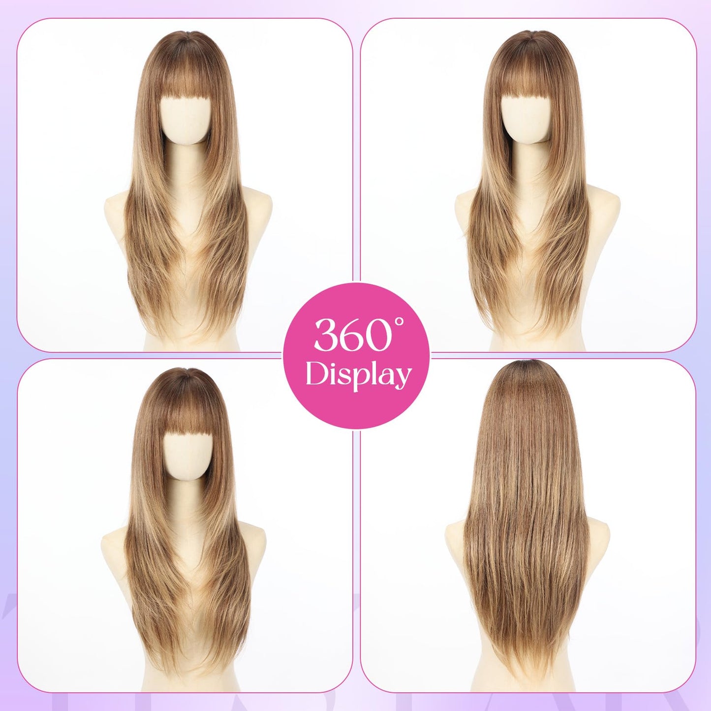 testar 4x4 Realistic Scalp Long Ombre Brown Blonde Straight Wigs With Bangs for Women Synthetic Heat Resistant Fiber 26IN Layered Brunette Wigs for Daily Use