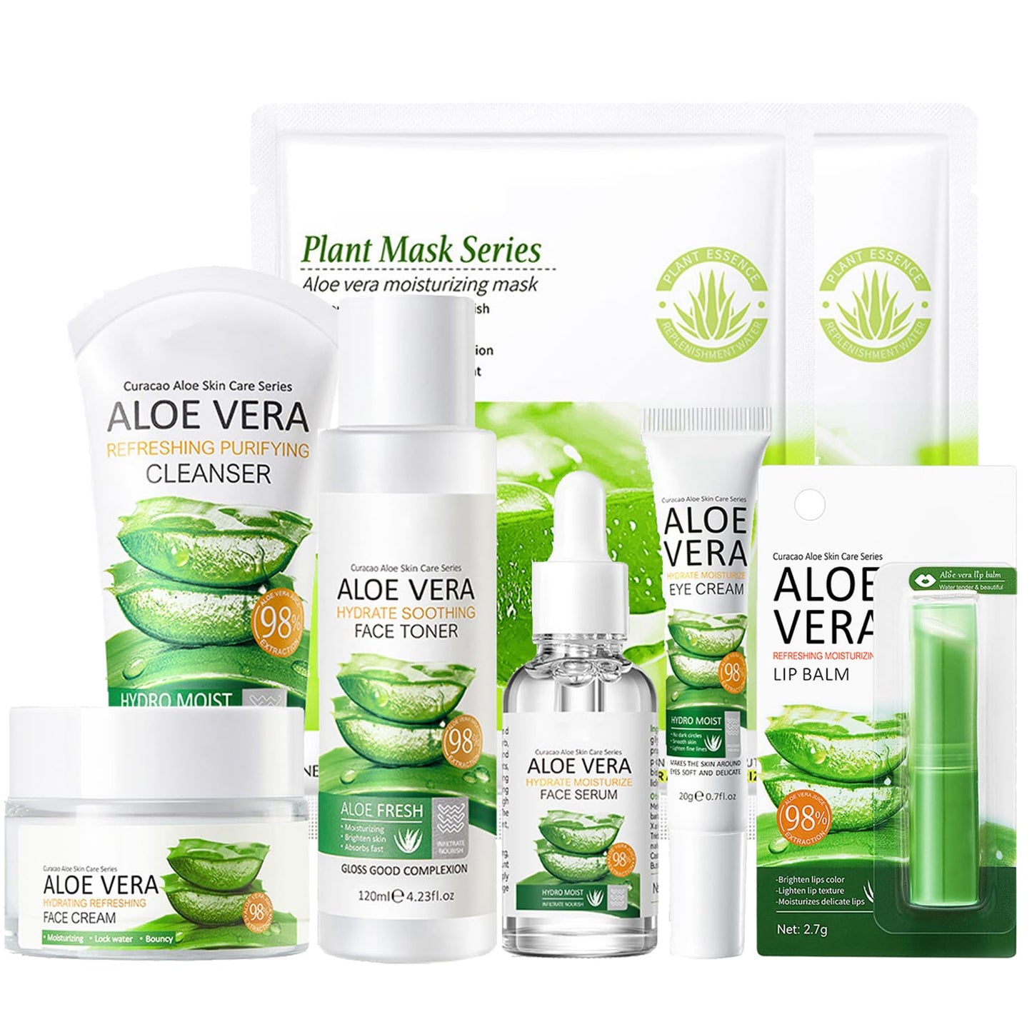 8Pcs Aloe Vera Skin Care Set - Face Care Kit With Cleanser, Mask, Toner, Serum, Lip Balm, Eye Cream, Moisturizer for Women Girls