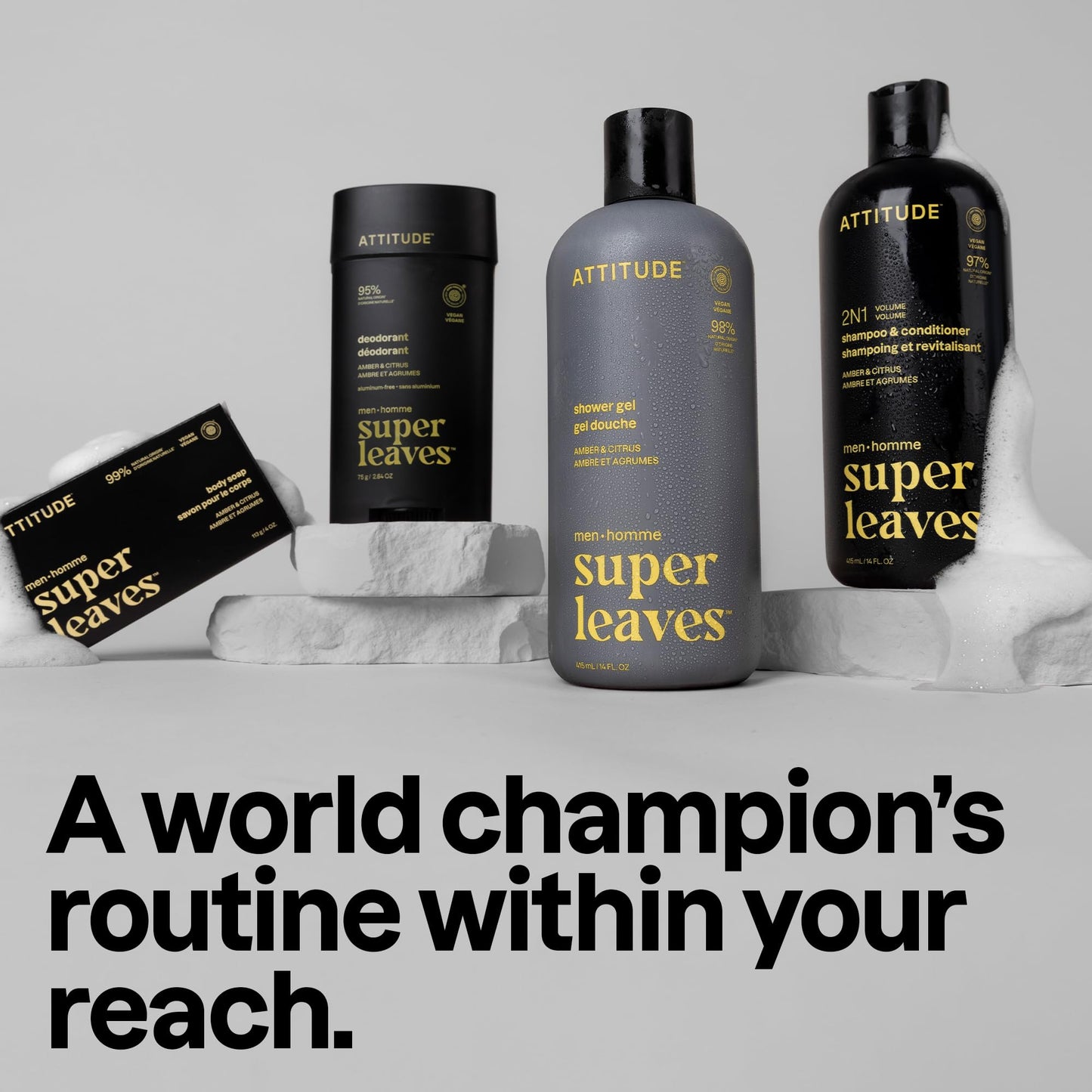 ATTITUDE Men's Shampoo and Conditioner 2-in-1, Volumizing for Thin Hair, With Rosemary and Rice Protein, 97% Natural Origin Ingredients, EWG Verified, Amber & Citrus, 14 Fl Oz