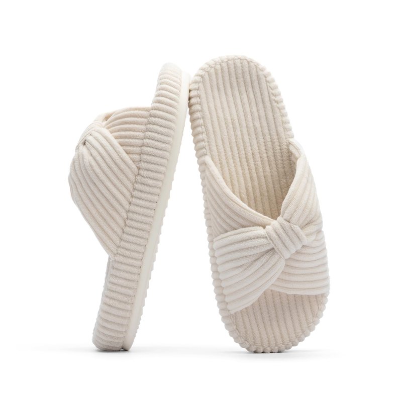 Chantomoo Slippers for Women Memory Foam House Bedroom Corduroy Bow Crossbands Slipper Shoes Comfy Trendy Gift Slippers Beige Size 9 10 8.5