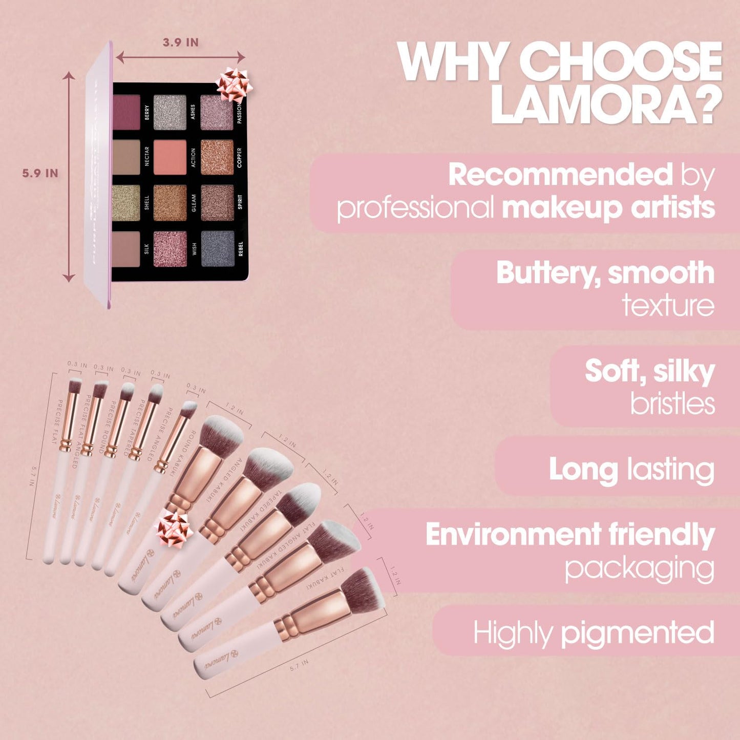 Lamora Eyeshadow Palette (Rose) with Kabuki Makeup Brush Set