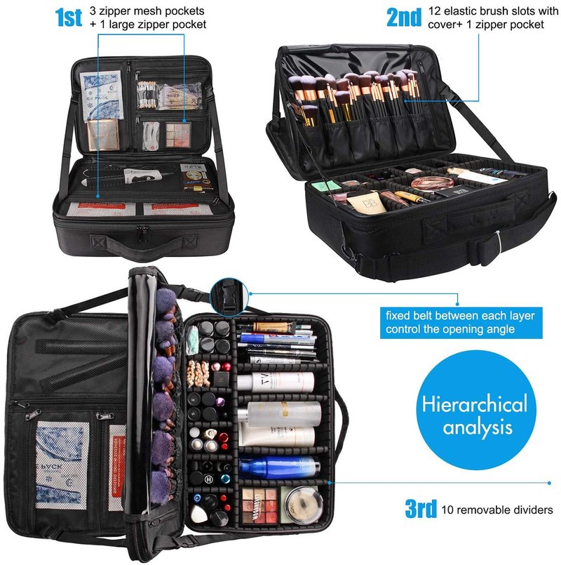 MONSTINA Large Makeup Travel Case Bag,Professional Makeup Artist Train Case with Brush organizer,Large Capacity Cosmetic Bag with Zipper Pocket and Adjustable Compartment（PU Leather Black）