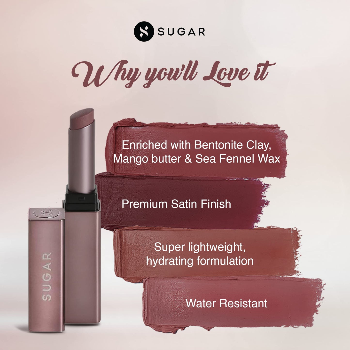 SUGAR Cosmetics Mettle Satin Lipstick07 Gabriella (Soft Dusty Nude/Nude Pink) Super Hydrating, Smoothens Fine Lines