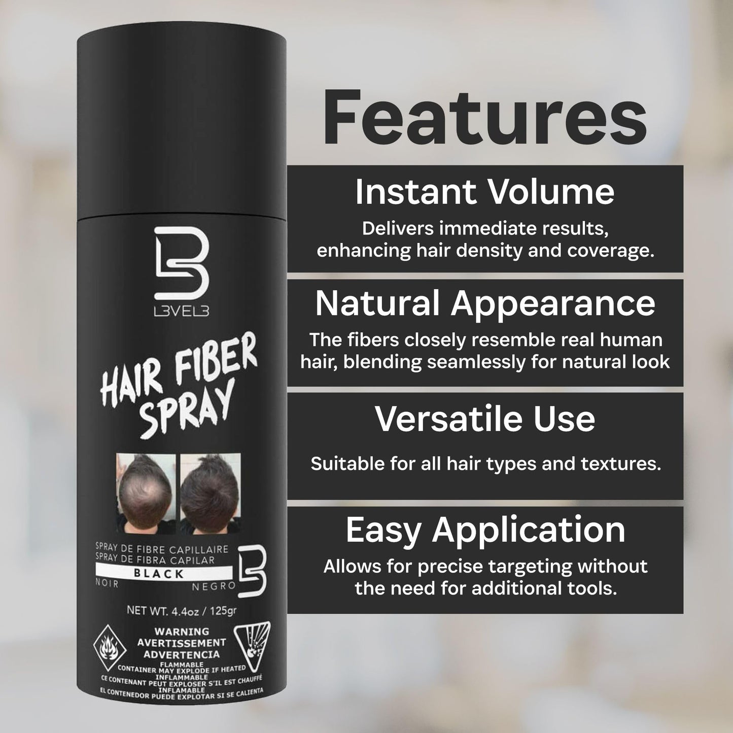 Level 3 Black Hair Fiber Spray - Covers Bald Spots & Thinning Hair - Instant Gray Coverage & Thicker Hair Appearance - Hair Enhancement Spray - 4.4 oz