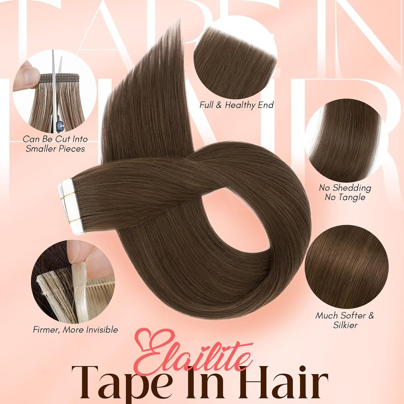 Real Remy Hair Tape-In Extensions - Thick Dark Brown 14 Inch | 20pcs Seamless Skin Weft