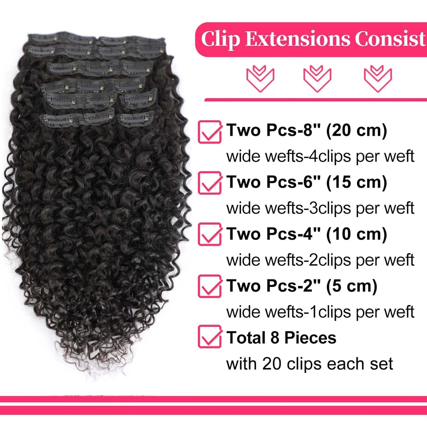 14 Inch Kinky Curly Clip ins Human Hair 110g 8pcs 20 Clips 3C 4A Curly Clip In Hair Extensions Real Human Hair Brazilian Virgin Hair Full Head for Women Natural Black