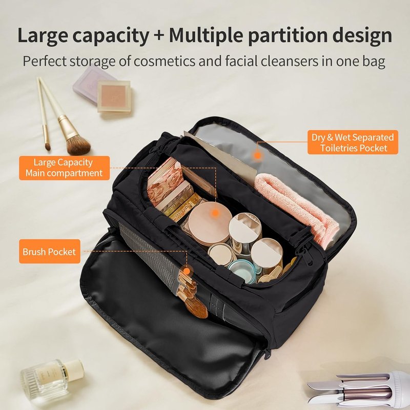 Travel Toiletry Bag for Women - Lightweight Wide-Open Makeup Organizer | Water-Resistant, Multiple Pockets, Mousse Black