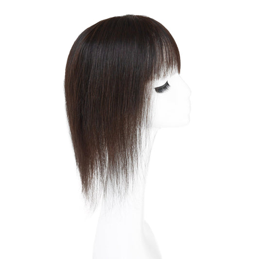 Maweilar Middle Part Clip In Human Hair Hair Topper With Bangs, Clip in Human Hair Toppers Seamless Hairpiece for Women Thick Silk Base Topper for Thicking Hair (Natural Black, 5.1"x 5.1", 12")