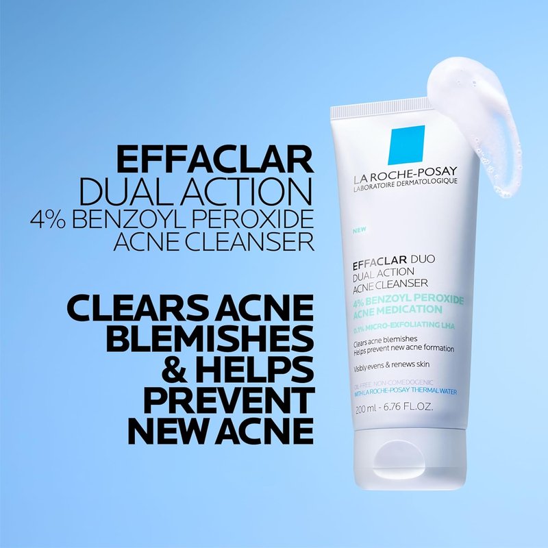 La Roche-Posay Effaclar Dual Acne Face Wash - 4% Benzoyl Peroxide & LHA Exfoliant | 6.76 Fl Oz