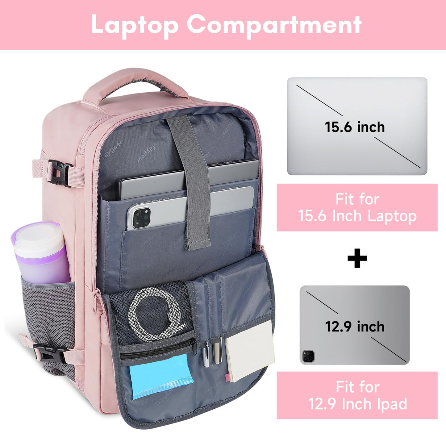 Taygeer Travel Backpack for Women, Carry On Backpack with Water Bottle Pocket & Shoe Pouch, TSA 15.6inch Laptop Mochila Flight Approved, Nurse Bag Casual Daypack for Weekender Business Hiking, Pink