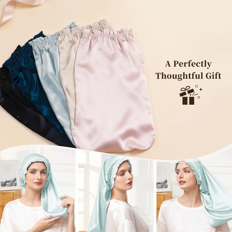 THXSILK 100% Mulberry Silk Bonnet for Sleeping Women Sleep Bonnet with Elastic Band Silk Wrap Hair Cap for Women Long Curly Hair Light Blue