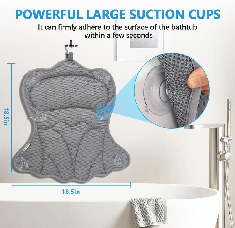 Bath Pillows for Tub - Extra Thick 4D Mesh Fabric with 6 Non-Slip Suction Cups | Grey Neck and Back Support