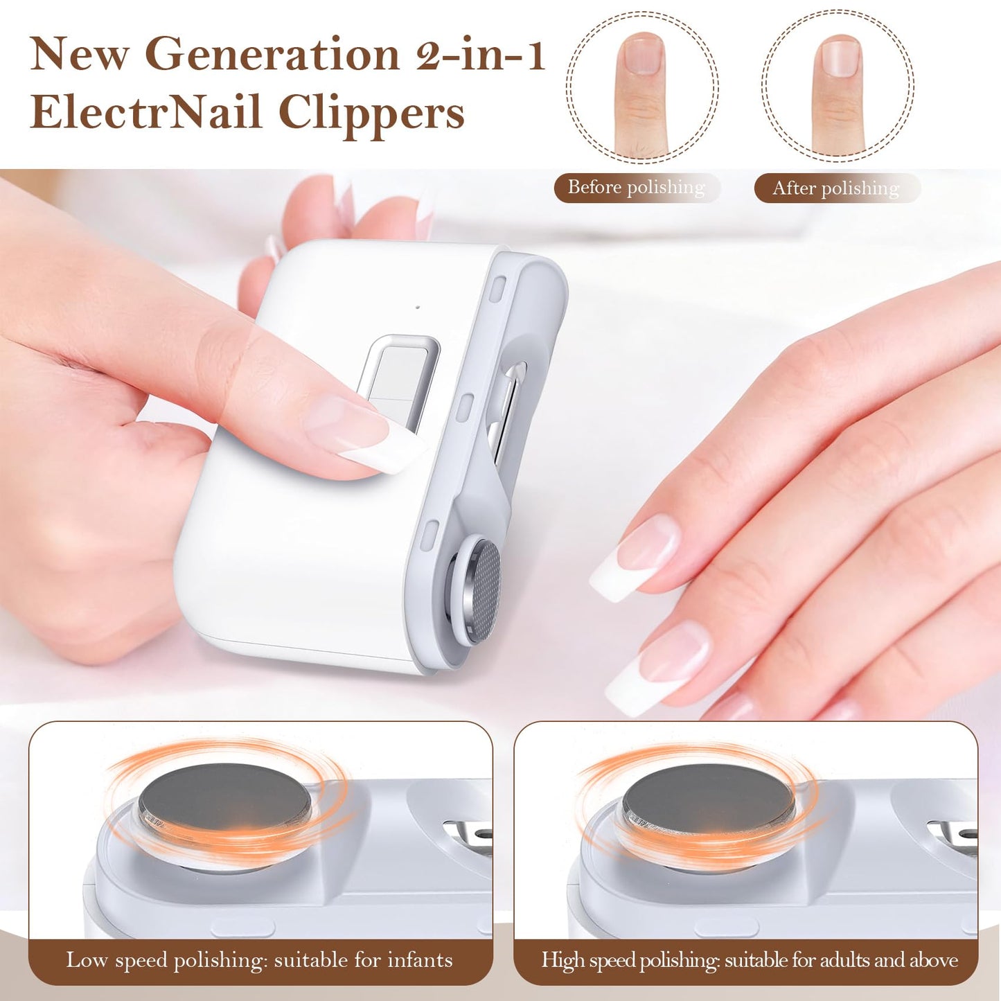 Electric Nail Clipper with Polishing, 3-in-1 Automatic Nail Trimmer with LED Light & Nail Scraps Storage, 2 Speeds Portable Fingernail Clipper for Adults, Seniors, Women, Men and Kids (White)