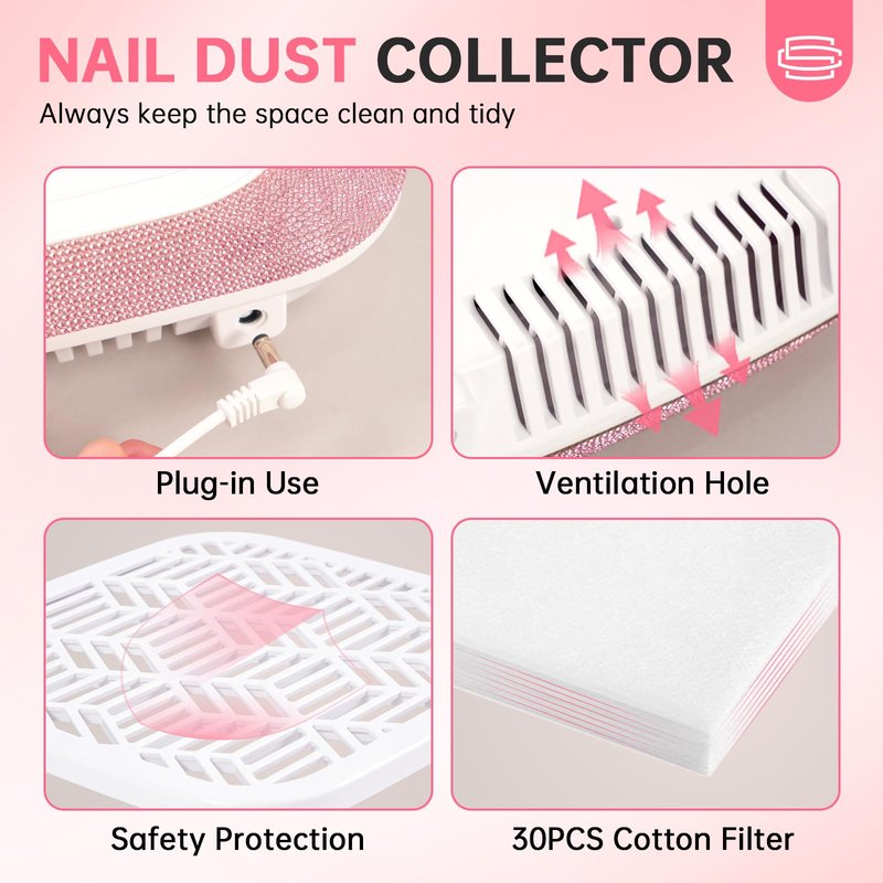CHRISTINE SHELLY Nail Dust Collector, Professional Dust Collector Nail Tech, 3500 RPM Vacuum Fan Vent Dust Collector Extractor Dust Suction Machine for Acrylic Nails Polishing (Pink Diamond)