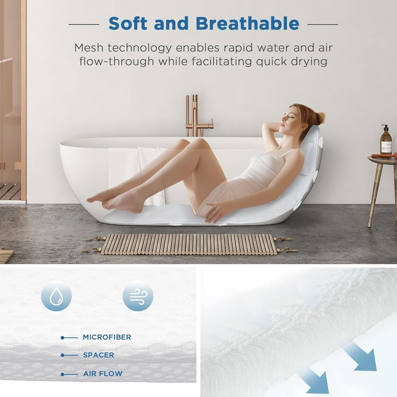 Full Body Bath Pillow - Extra Thick 4D Air Mesh Spa Pillow for Head, Neck & Back Support | Non-Slip Suction Cups, Fits All Tubs - White