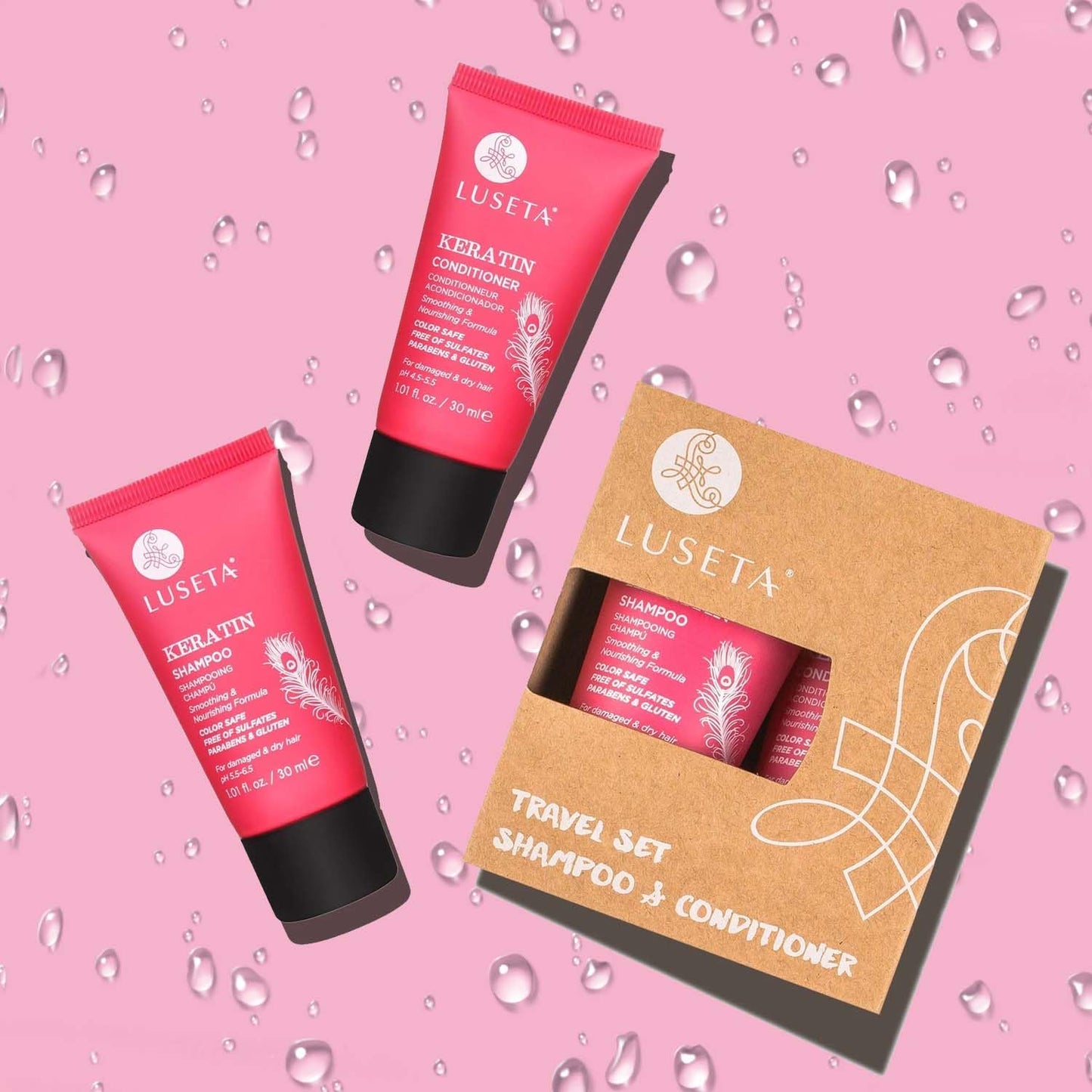 Luseta Keratin Shampoo Set - Nourishing Treatment for Color Treated Hair | Full & Travel Sizes (2x16.9 FL Oz + 2x1.01 FL Oz)