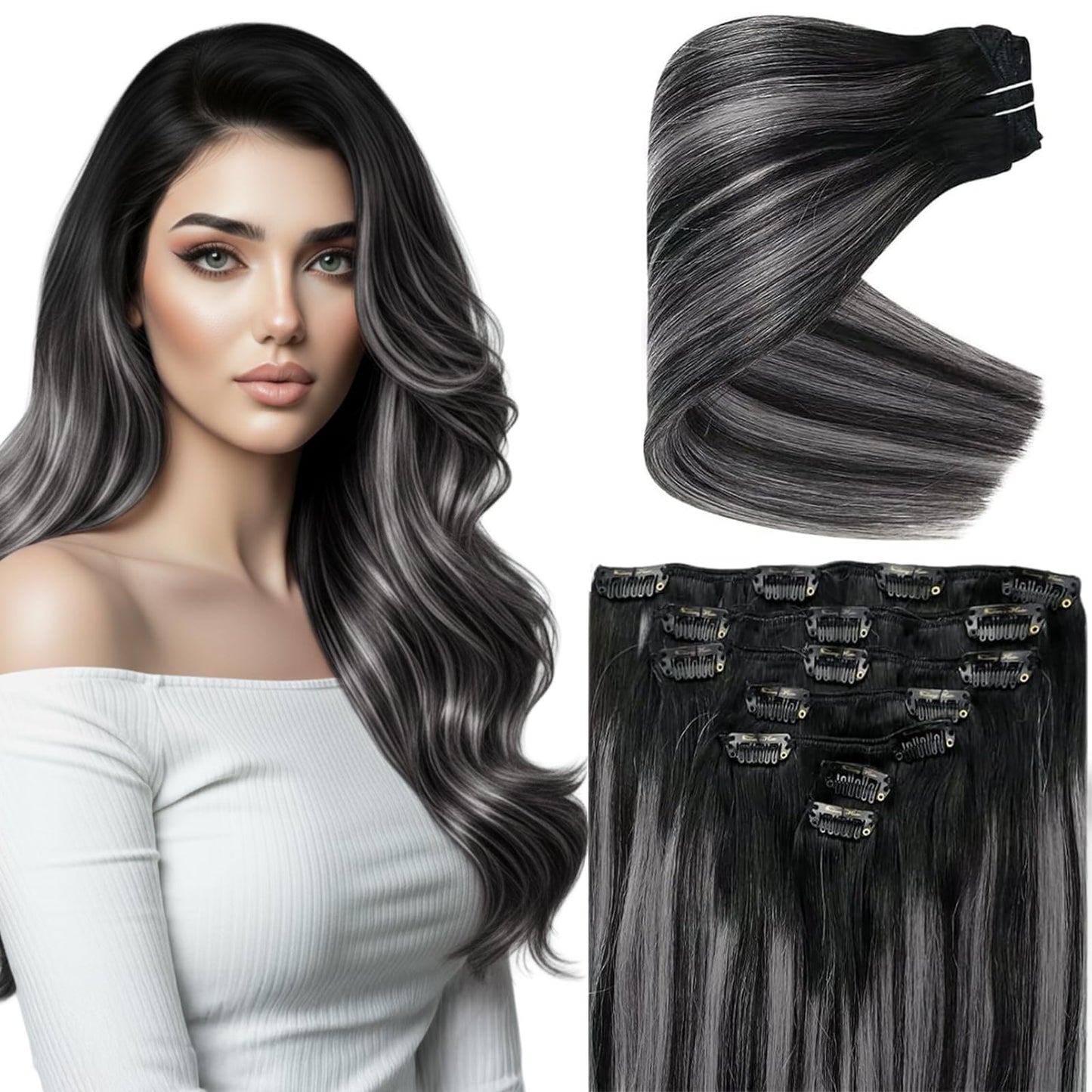 Ve Sunny Clip in Human Hair Extensions Black Grey Clip in Hair Extensions Human Hair Off Black to Silver Grey Balayage Clip on Hair Extensions Short Hair 70g 5pcs 12inch, 2.4692 Ounce