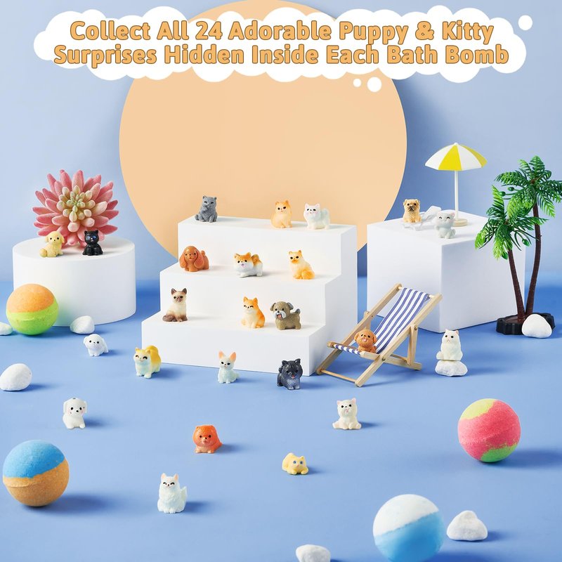 JuraFizz Bath Bombs for Kids with Surprise Inside, 24 Pack Kids BathBombs with Puppy & Cat Toys, Child-Safe Natural Bath Bombs with Toys Inside for Girls and Boys, Birthday Party Favors
