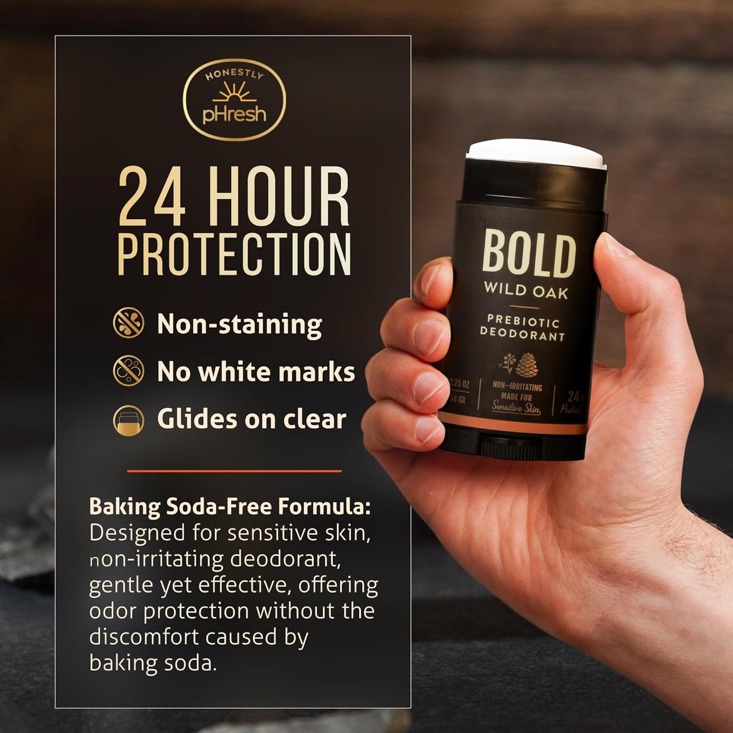 Prebiotic Natural Deodorant for Men - Aluminum & Baking Soda Free | 24-Hour Odor Protection, Bold Wild Oak Scent, 2.5 oz