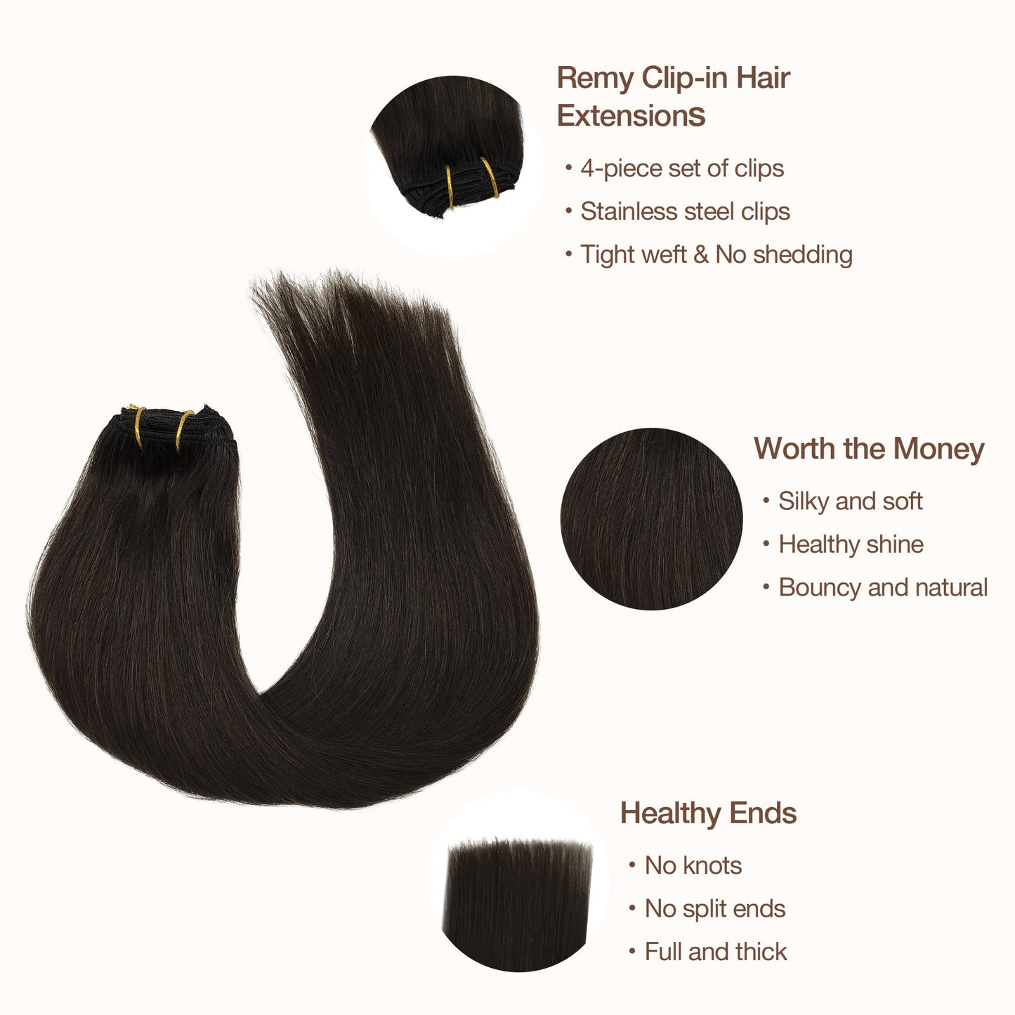GOO GOO Clip in Hair Extensions Real Human Hair, Remy Human Hair Extensions Clip ins for Women, Natural Human Hair, 14inch 60g 4Pcs, 2 Dark Brown