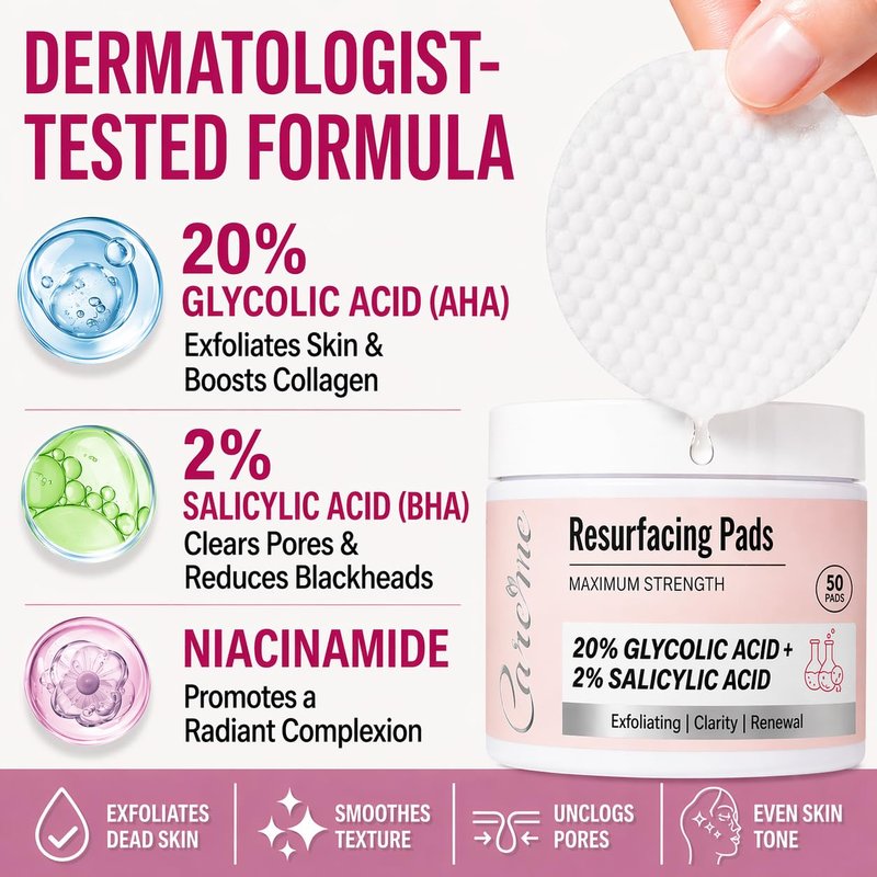 Glycolic Acid 20% + Salicylic Acid 2% Face Peel Pads (50 Count) – Facial Exfoliating Pads for Skin Renewal, Resurfacing, Refining and Revealing a Clearer, Smoother, Glowing Complexion